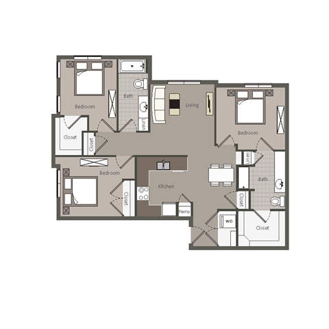 Floor plan for 3 beds, 2 baths, 1200 sqft